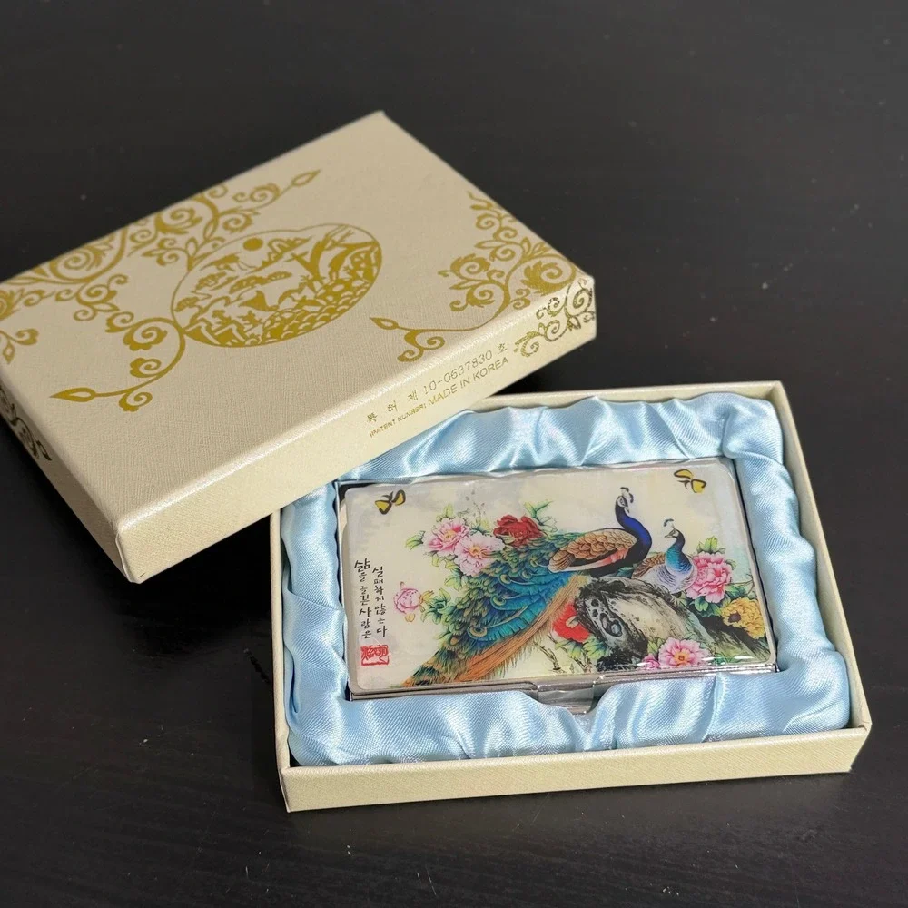 Korean Mother of Pearl Peacock Business Card Holder Case Silver Tone Mirror Box